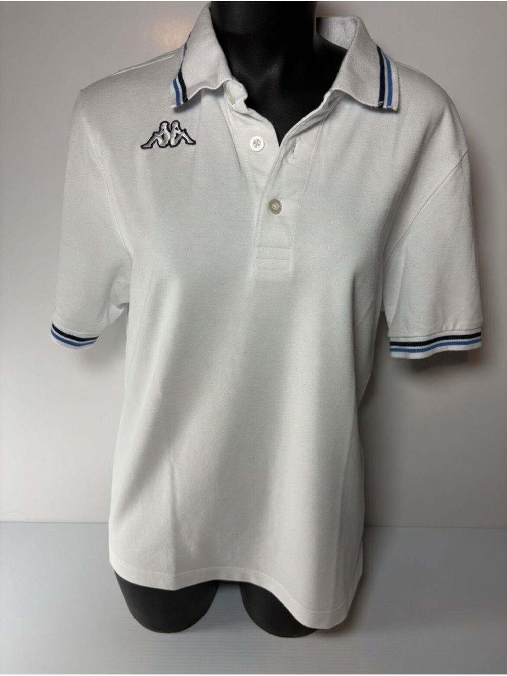 Vintage Kappa White Polo with Navy Stripe Trim